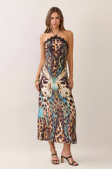 Butterfly print lace trim halter maxi dress