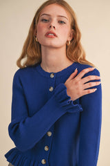 RUFFLE HEM RIBBED KNIT SWEATER CARDIGAN Blue
