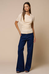 Asymmetrical Ruched Mesh Top in Beige