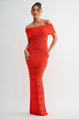 Red Off Shoulder Knit Crochet Maxi Dress