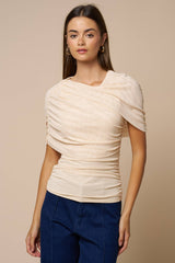 Asymmetrical Ruched Mesh Top in Beige