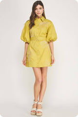 Embroidered Puff Sleeve Belted Mini Shirt Dress