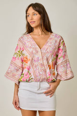 Border Print Front Wrap Kimono Top