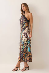 Butterfly print lace trim halter maxi dress
