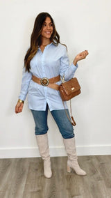 Keep Calm Light Blue Button Down - PRINZZESA BOUTIQUE