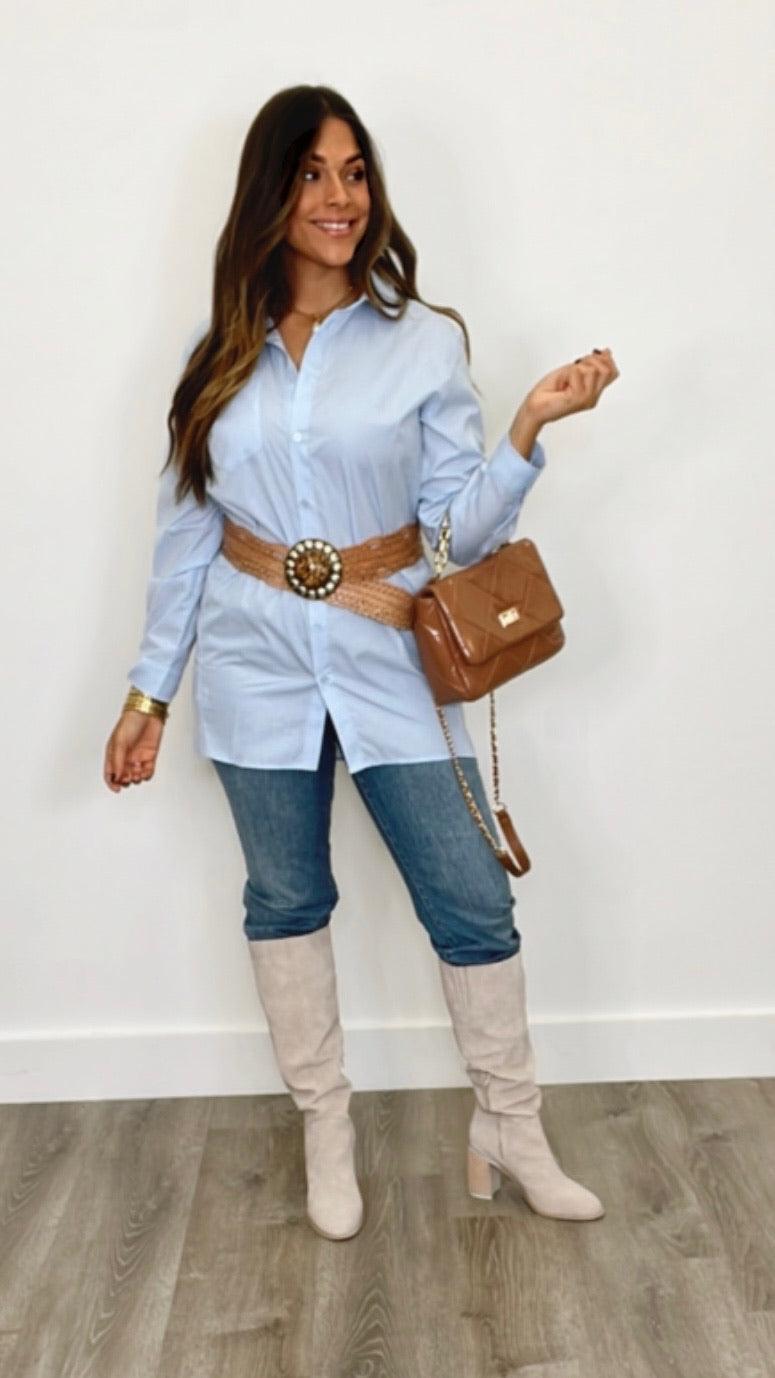 Keep Calm Light Blue Button Down - PRINZZESA BOUTIQUE