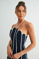 Navy Petal Outline Halter Mini Dress