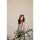 LEAF PRINT OVERSIZED TOP WITH SMOCKED CUFF SLEEVE