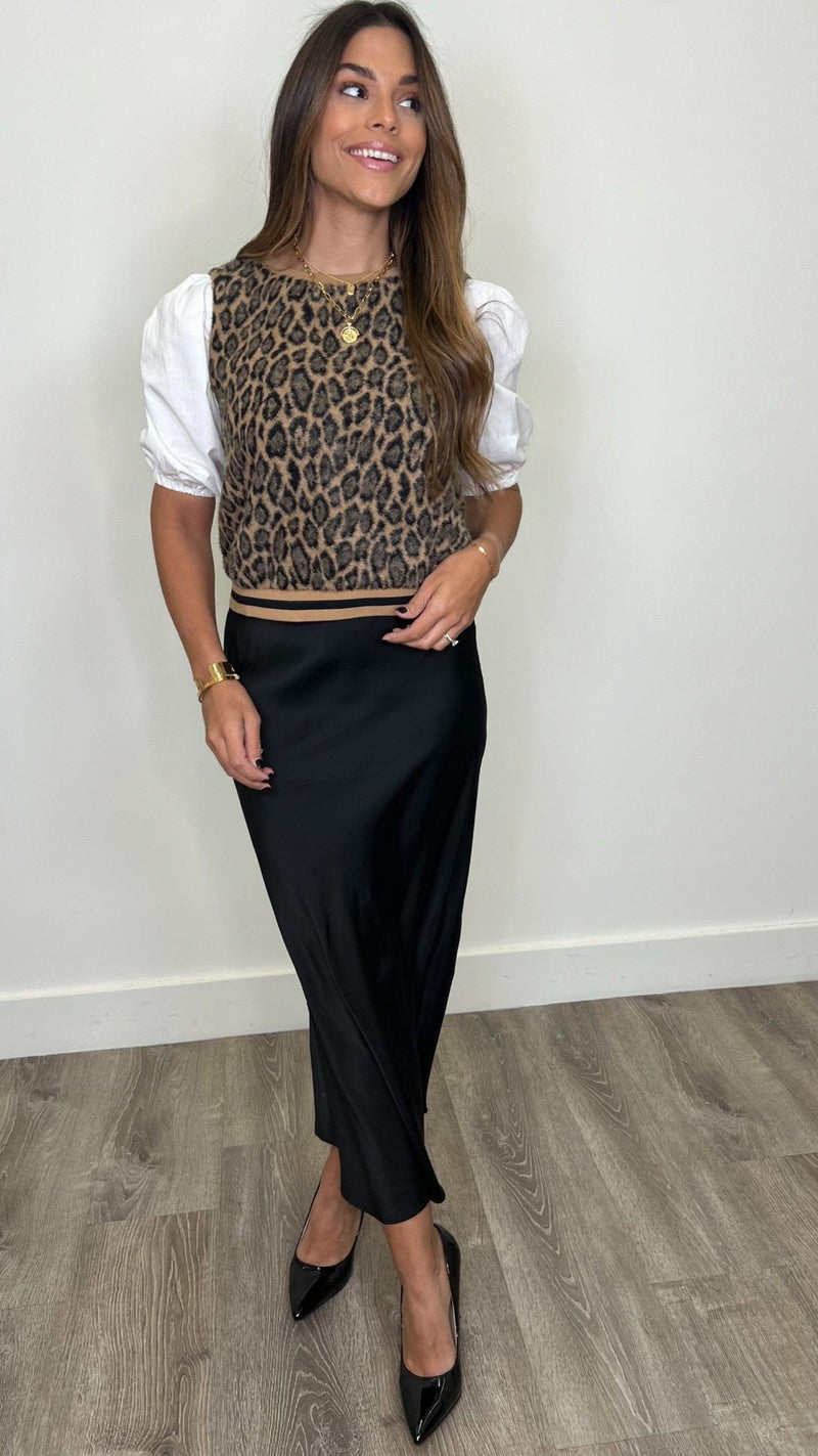 Minerva Black Satin Midi Skirt