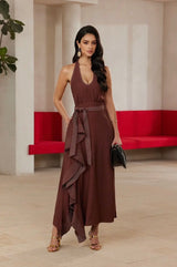 Midnight Soiree Halter Maxi Dress Brown