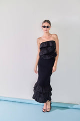 Mixed Media Strapless Fitted Maxi Dress