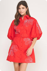 Embroidered Puff Sleeve Belted Mini Shirt Dress