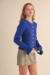 RUFFLE HEM RIBBED KNIT SWEATER CARDIGAN Blue