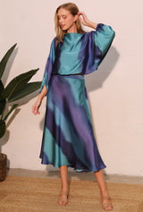 Blue Ombre Satin Boat Neck Blouson Top