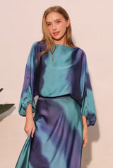 Blue Ombre Satin Boat Neck Blouson Top