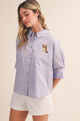 Striped Button Down Top With Dog Embroidery