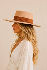 Tasha Boater Crown Hat- Camel