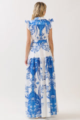 Royal Blue Shirts Collar Print Maxi Dress
