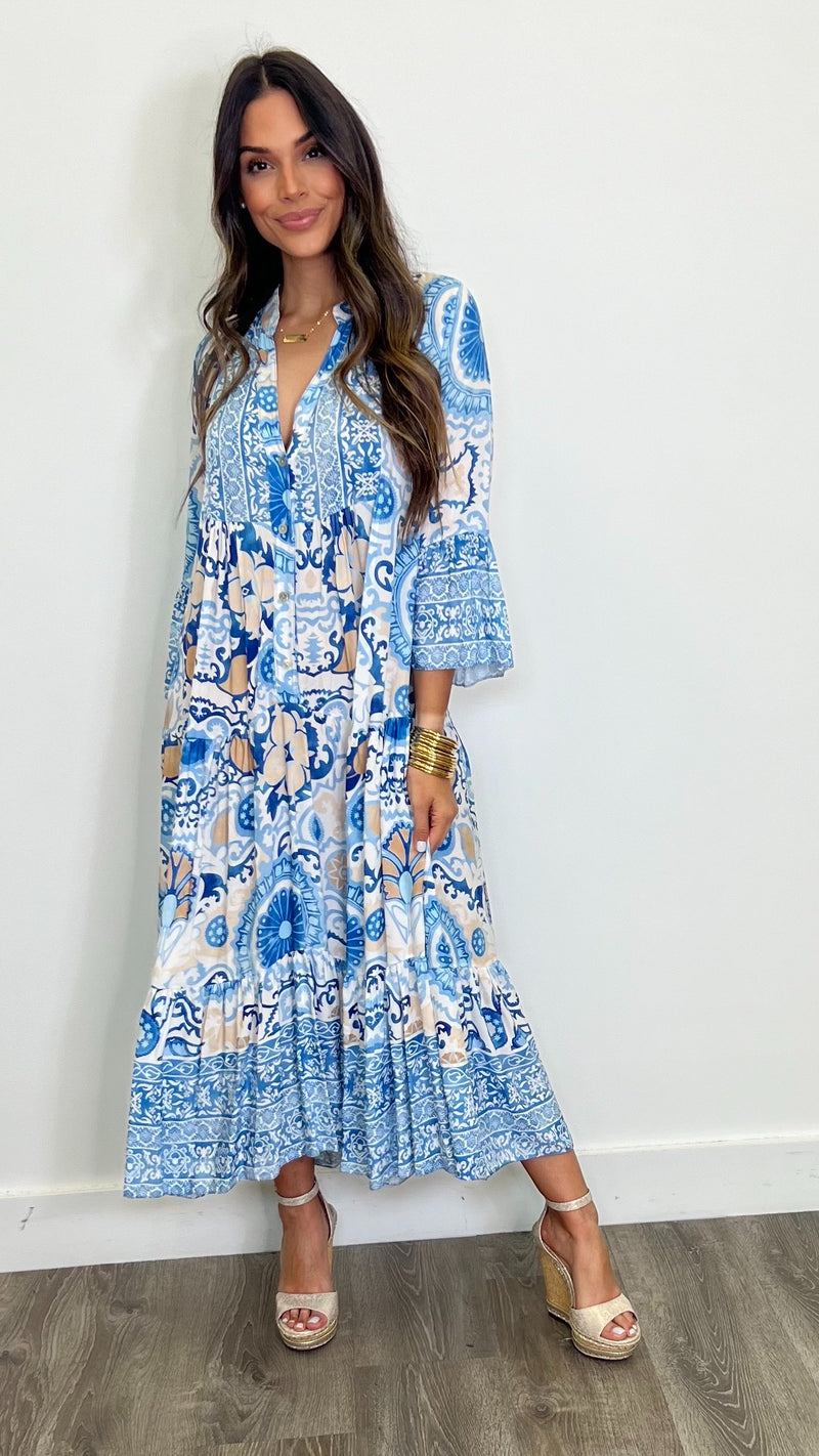 Malaga Blue Printed Italian Viscose Maxi Dress