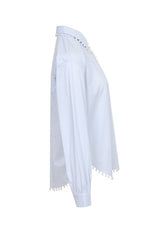 Pearl Detail Oversized Stripe Poplin Shirt Blue