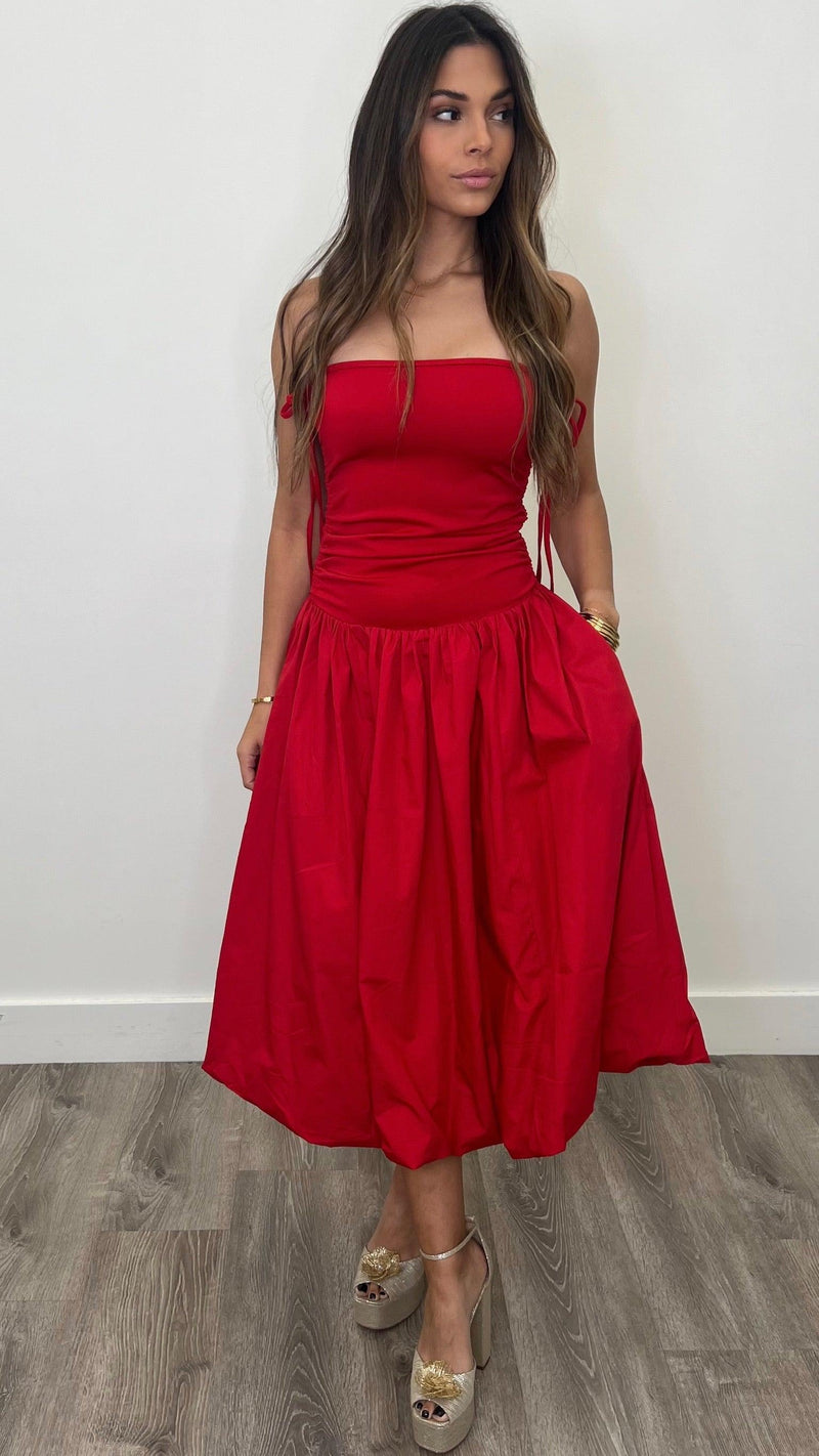 Harley Red Strapless Midi Dress - PRINZZESA BOUTIQUE