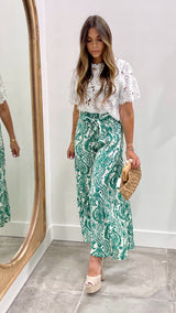 Stacey White and Green Tie Front Long Pant