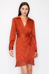 Flamenco Fringed Faux Wrapped Dress Rust