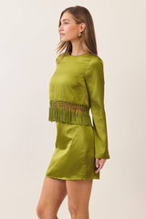 Satin fringe hem cropped top