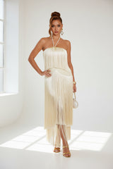 Swaying Glamour Layered Fringe Halter Dress