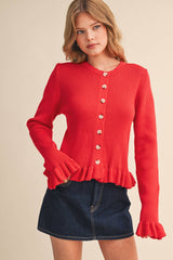 RUFFLE HEM RIBBED KNIT SWEATER CARDIGAN Blue