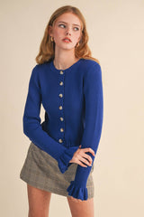 RUFFLE HEM RIBBED KNIT SWEATER CARDIGAN Blue