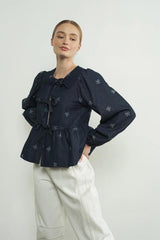 Lara Bow Print Denim Bow Tie Blouse - PRINZZESA BOUTIQUE