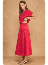 Red Floral Embroidery Cotton Lace Trim Skirt Top Set
