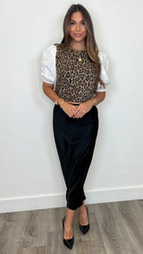 Minerva Black Satin Midi Skirt