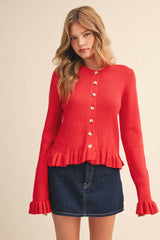 RUFFLE HEM RIBBED KNIT SWEATER CARDIGAN Blue