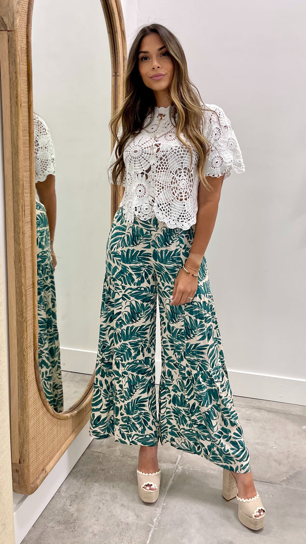 Annie Green and Ivory Print Wide Leg Palazzo