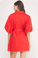 Embroidered Puff Sleeve Belted Mini Shirt Dress