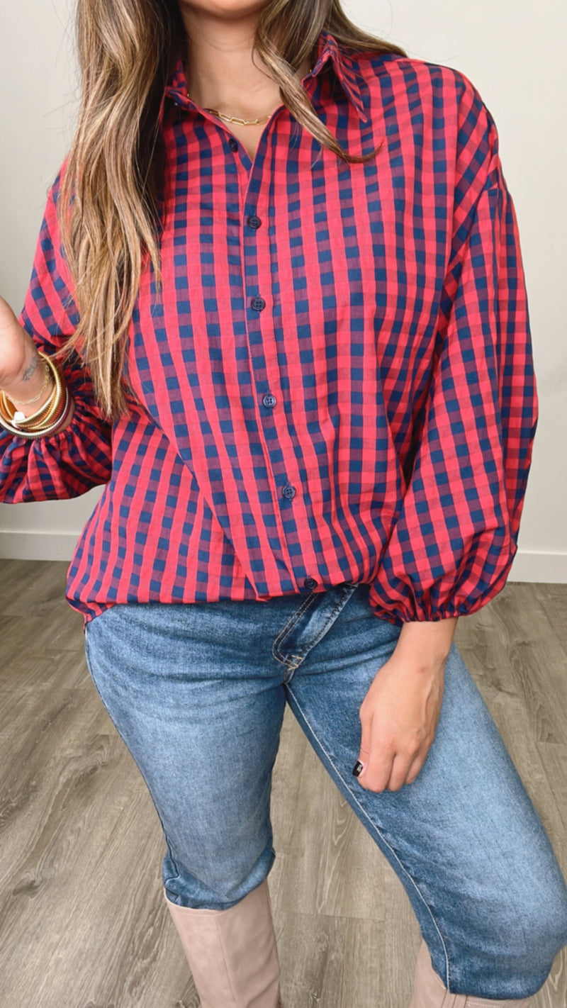 Martha’s Plaid Blouse Red and Navy multi