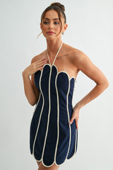 Navy Petal Outline Halter Mini Dress