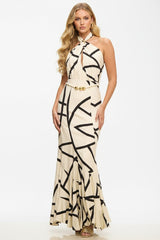 Ivory Geometric Print Belt Maxi Dress