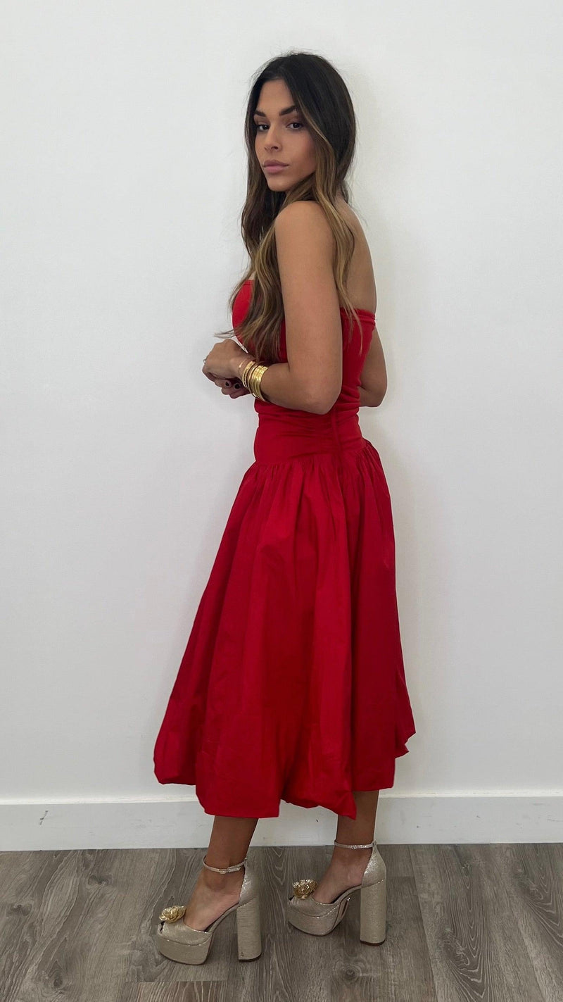 Harley Red Strapless Midi Dress - PRINZZESA BOUTIQUE