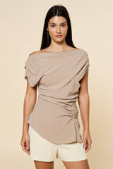 Asymmetric Ruched Top in Taupe