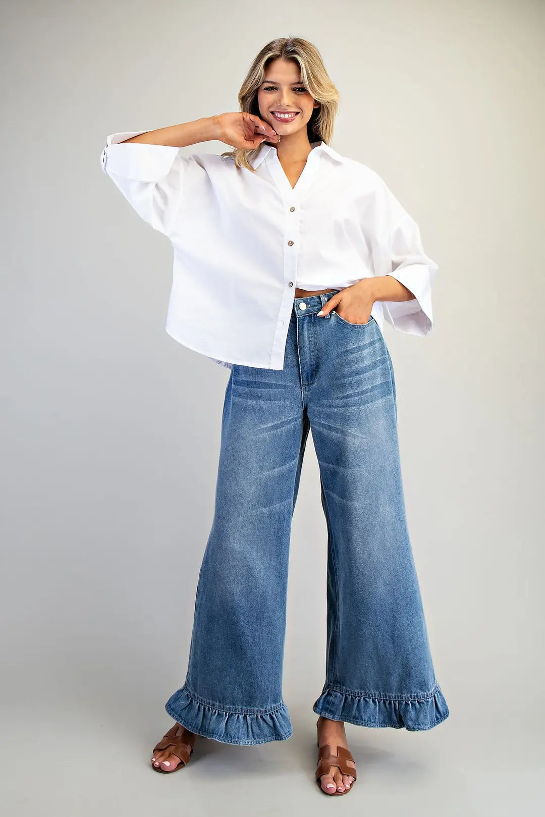 High Waisted Ruffled hem Denim Pants