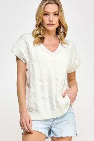 Fern Cable Knit Ivory Sweater Vest Top Ivory - PRINZZESA BOUTIQUE