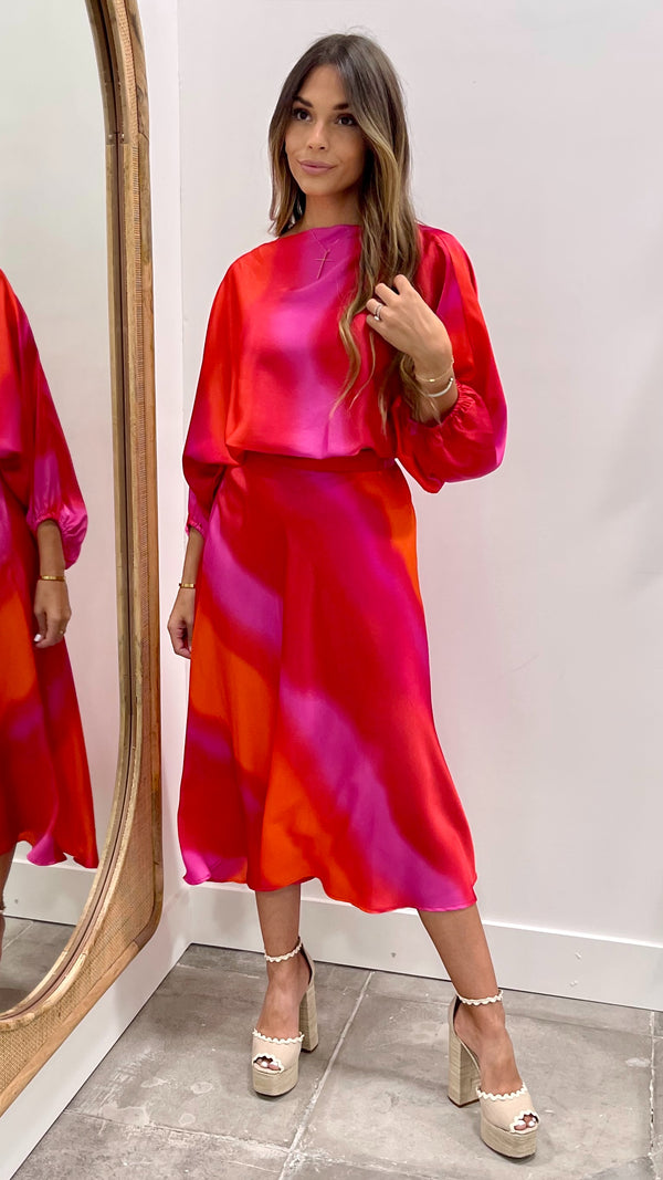 Pink Ombre Satin Boat Neck Blouson Top