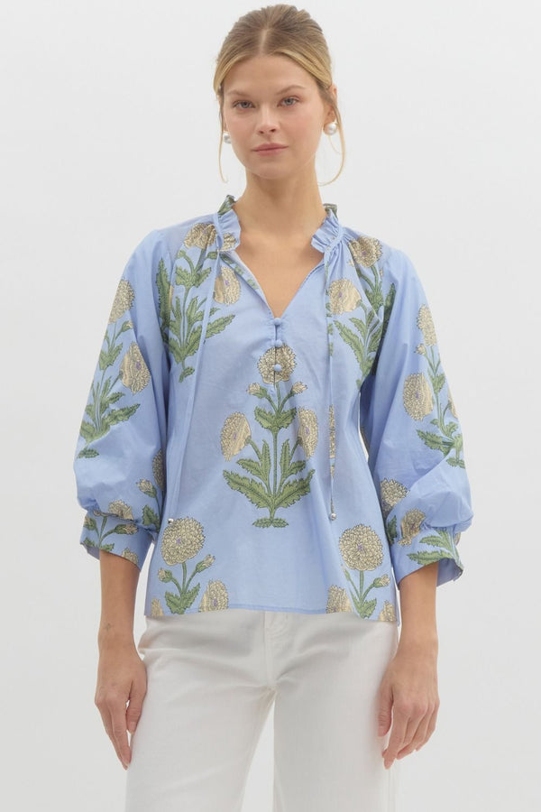 Cici Blue Floral Blouse