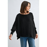 BOAT NECK OVERSIZE TOP WITH SMOCKED CUFF SLEEVE