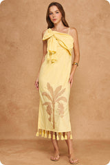 Tropical Palm Embroidered One-Shoulder Tassel Linen Mini