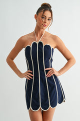 Navy Petal Outline Halter Mini Dress