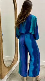 Blue Ombre Satin Boat Neck Blouson Top